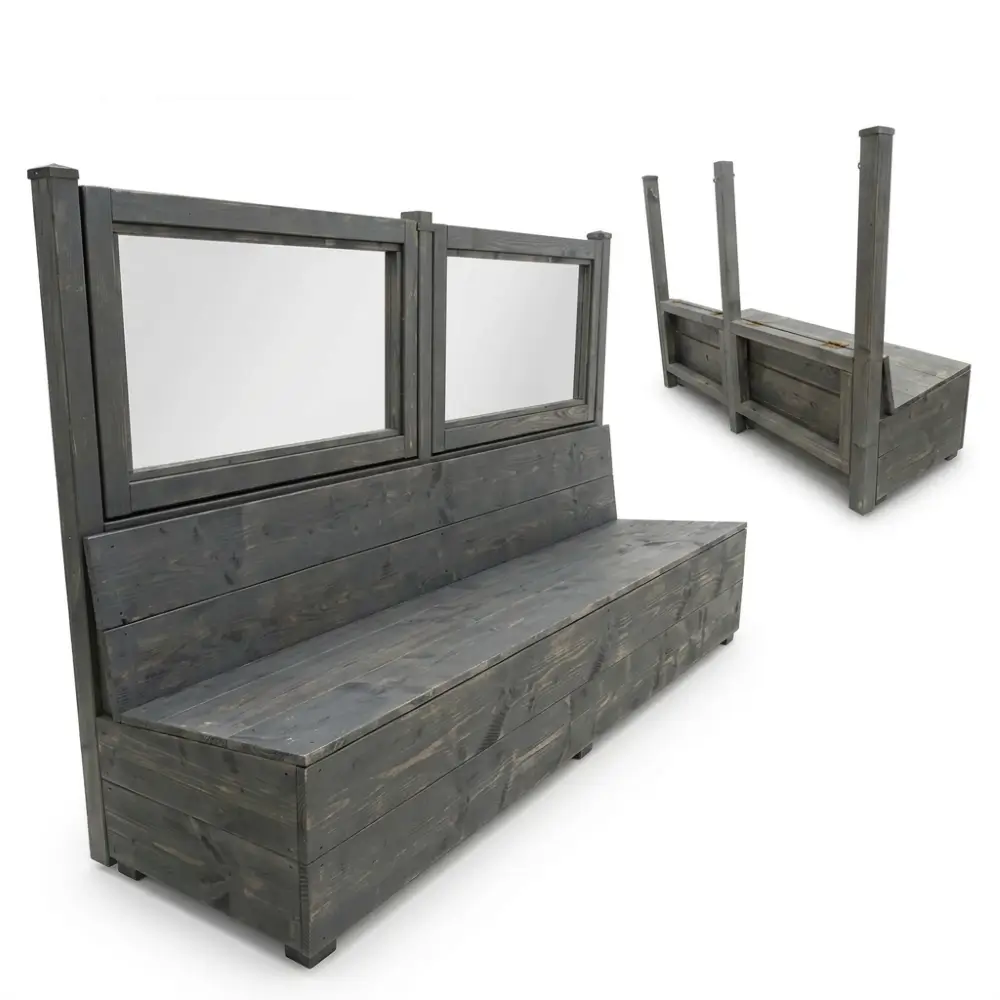 Gastronomie-Terrassenbank-klappbar-Douglasienholz-Patina-Grau-Woodwork-voorschoten - Woodwork Voorschoten - Windschutz und Sichtschutz für Gastronomie Terrassen
